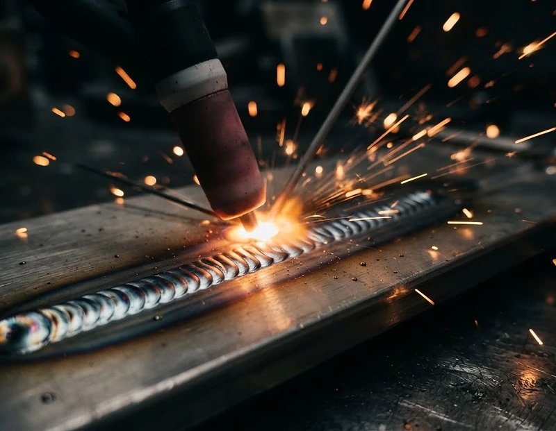 Macro of a TIG weld bead with sparks flying against a black background