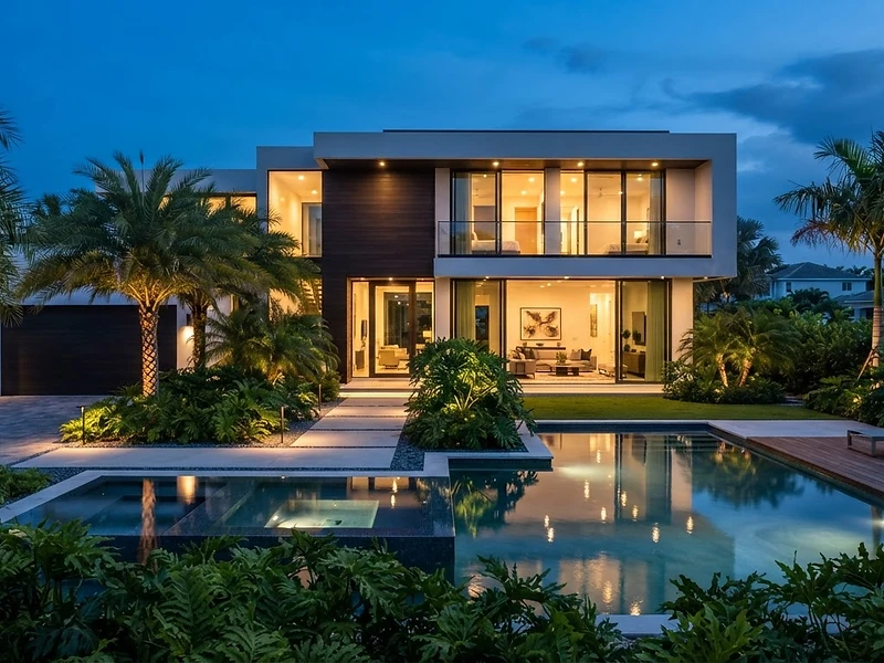 A modern luxury home glowing with warm interior light at dusk