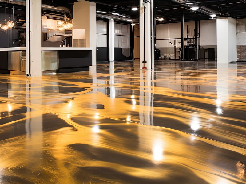High-gloss dark epoxy garage floor with red ambient lighting