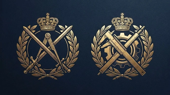 Emblemas de la Escala de Oficiales y la Escala Técnica en dorado sobre azul marino