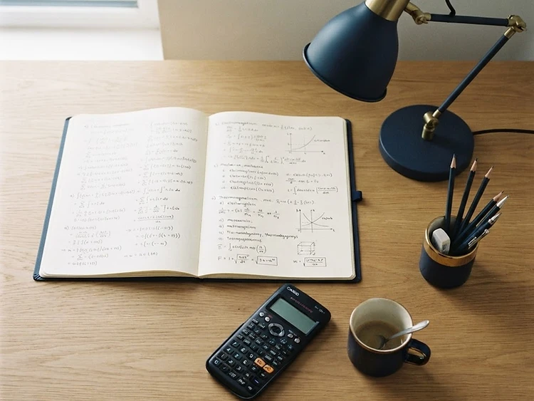 Mesa de estudio con apuntes de Matemáticas y Física