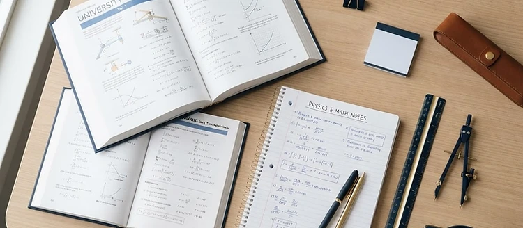 Mesa de estudio organizada con apuntes de Matemáticas y Física
