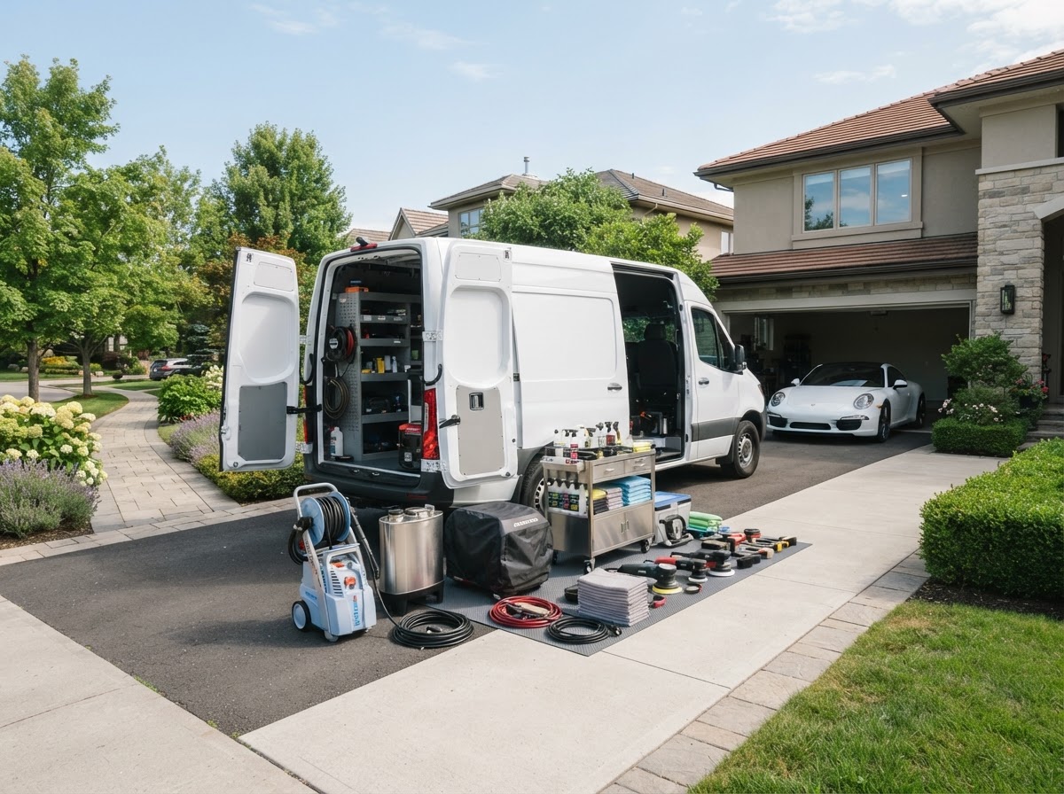 BrightRide mobile detailing setup in a driveway