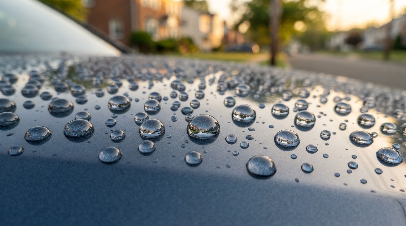 Water beading on a freshly detailed car