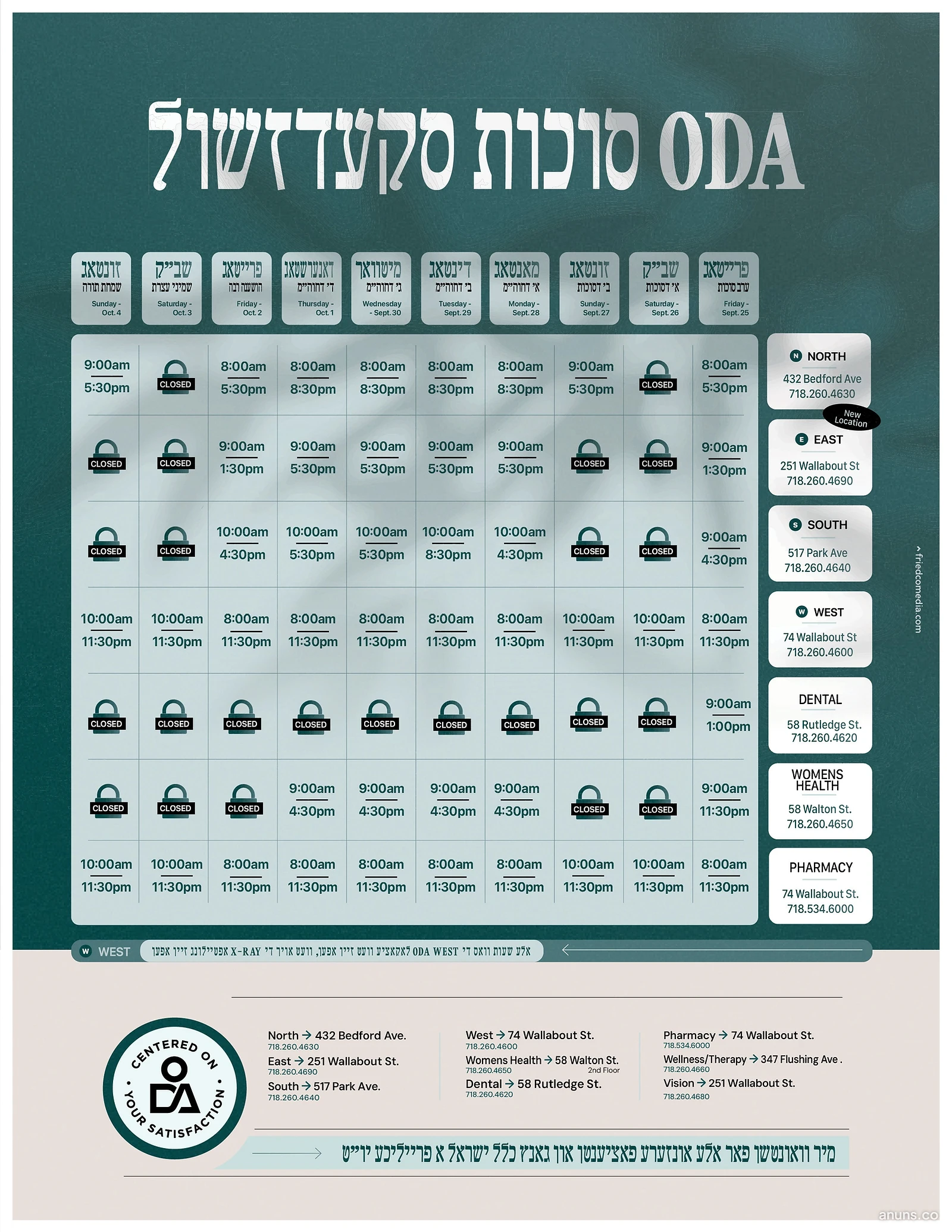 ODA סוכות סקעדזשול ODA Sukkos Schedule
