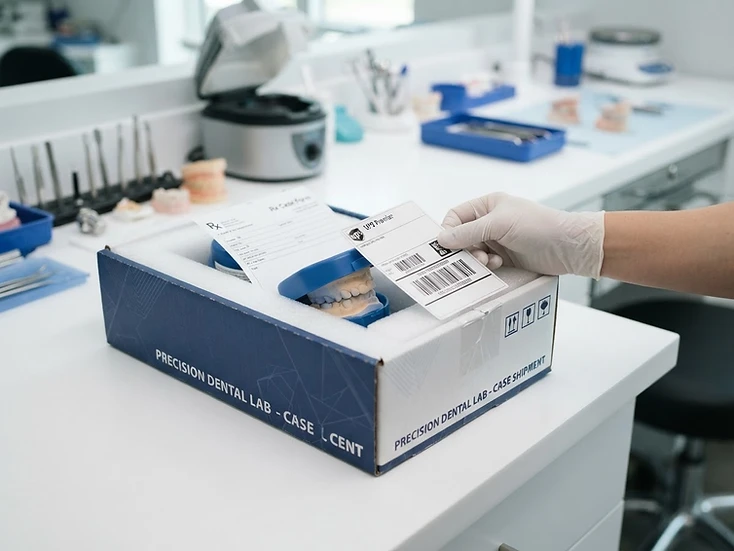 Packed dental laboratory case with shipping label