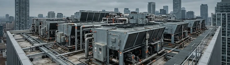 Commercial rooftop chiller and condenser array on a Gauteng building