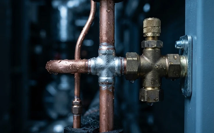 Macro detail of copper refrigeration pipework with condensation on a commissioned system