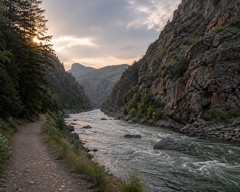Mountain river canyon at golden hour in the Gunnison Valley, with a hiking trail, rushing river, and layered canyon walls under warm light