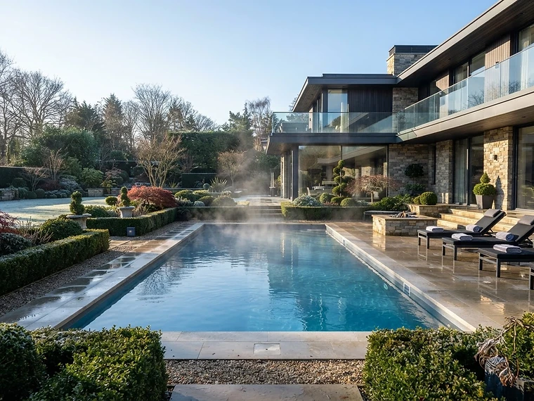 Heated luxury estate swimming pool with steam rising in winter