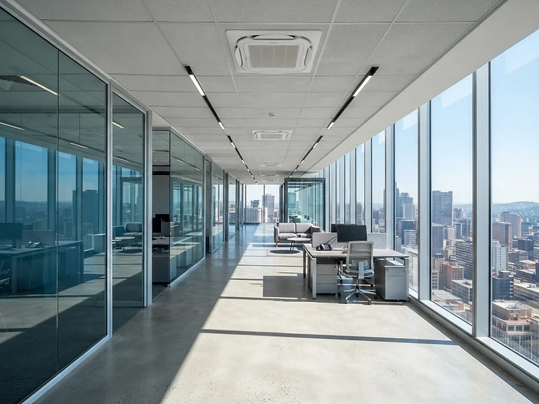 Corporate office interior with ceiling cassette air conditioning