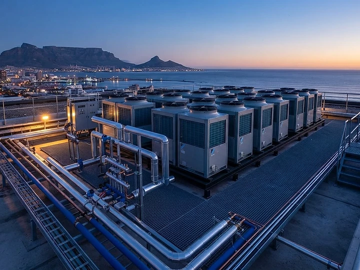 Commercial heat pump plant neatly installed on a Cape Town hotel rooftop
