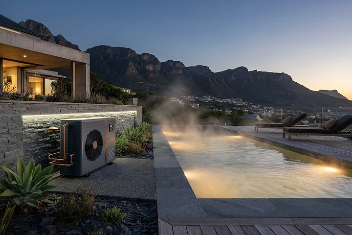 Pool heat pump installed beside a heated swimming pool at a Cape Town estate