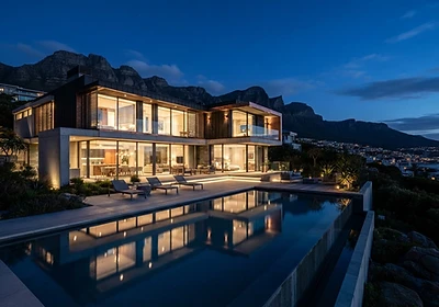 Modern Cape Town villa at dusk with Table Mountain behind