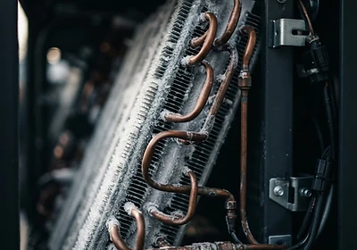 Macro view of heat pump copper coils and frosted aluminium fins