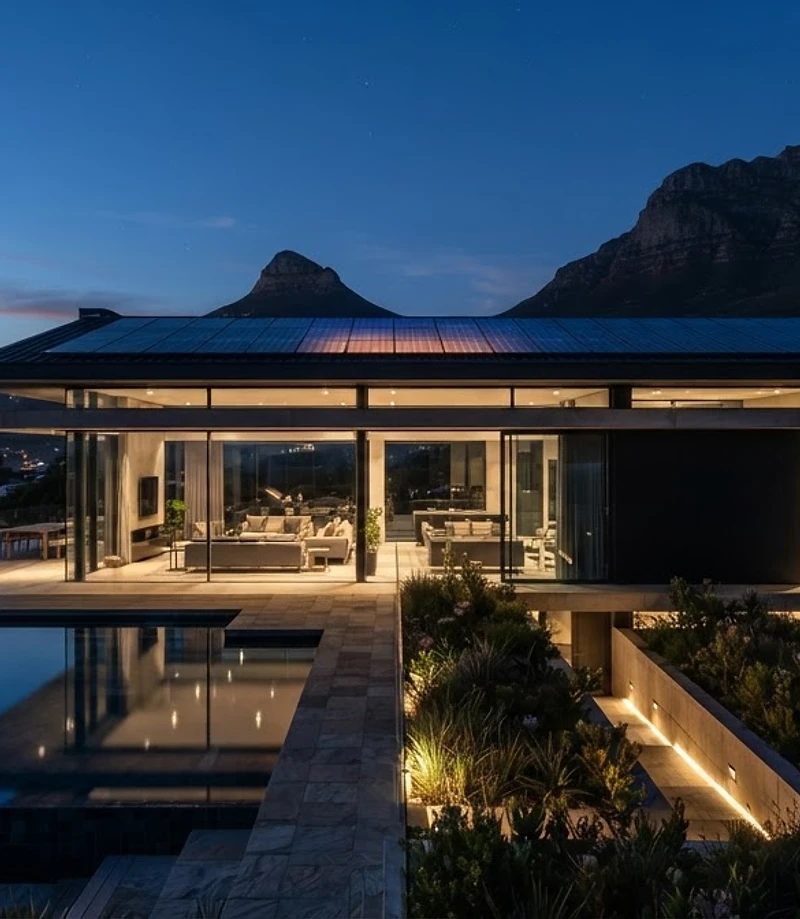 Modern Durbanville home at dusk with solar panels