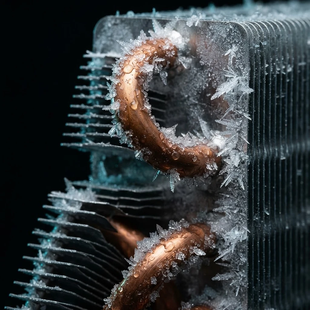 Macro view of a frosted copper evaporator coil