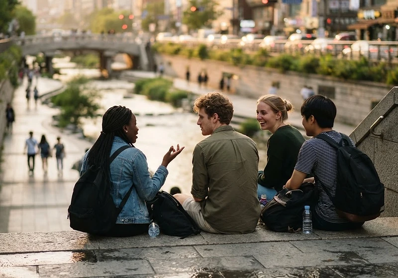 Students along the Cheonggyecheon stream in Seoul