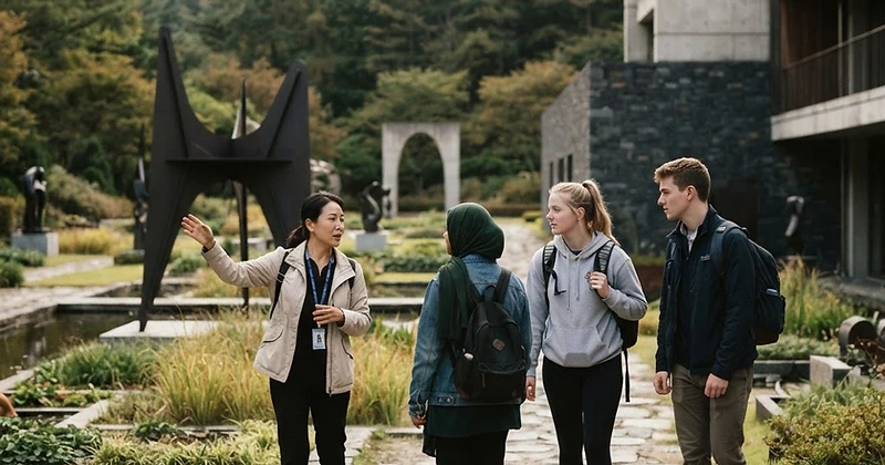 Students with a guide at the Museum San sculpture garden