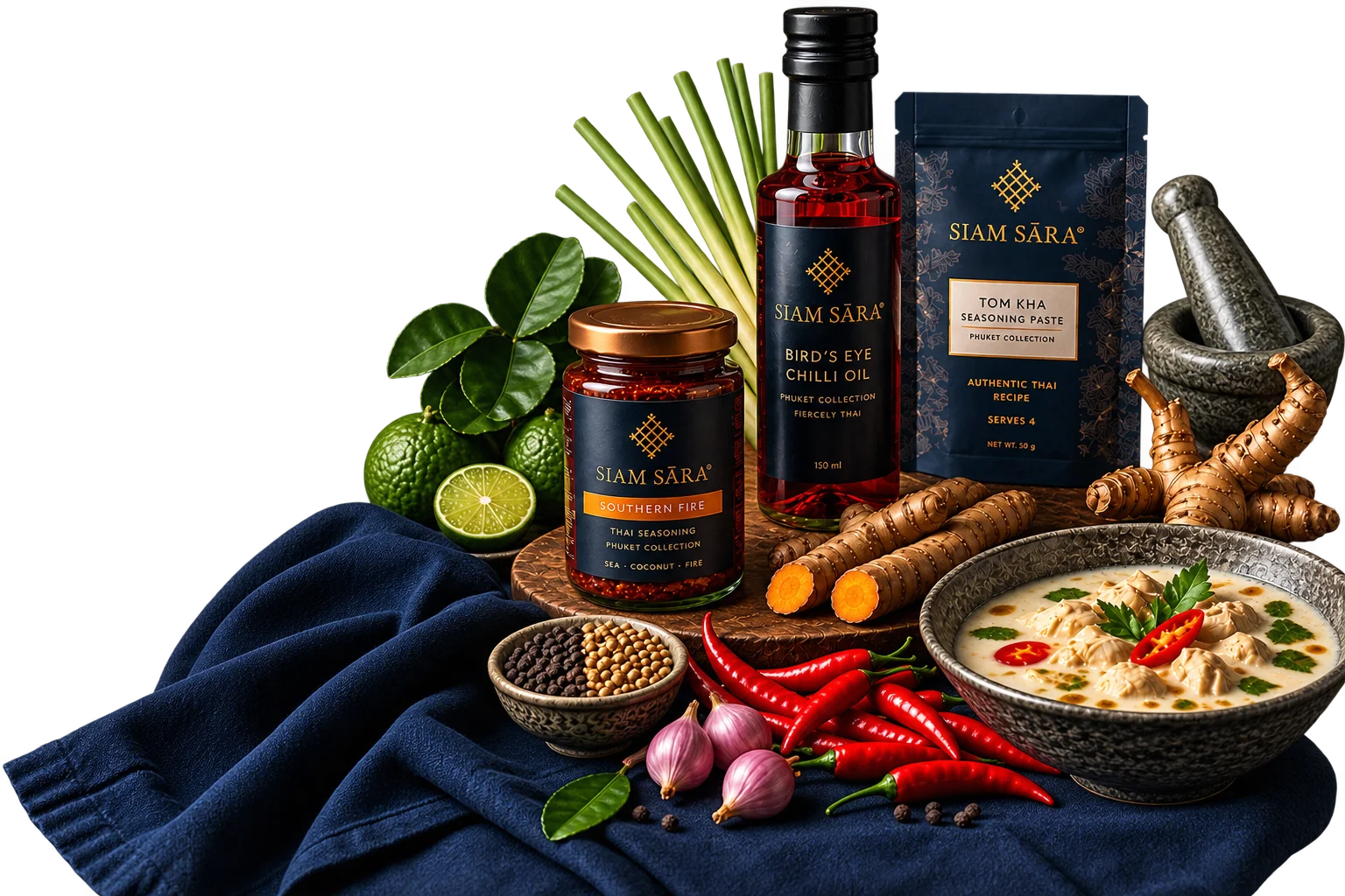 SIAM SĀRA Southern Fire, Bird's Eye Chilli Oil and Tom Kha with Thai ingredients
