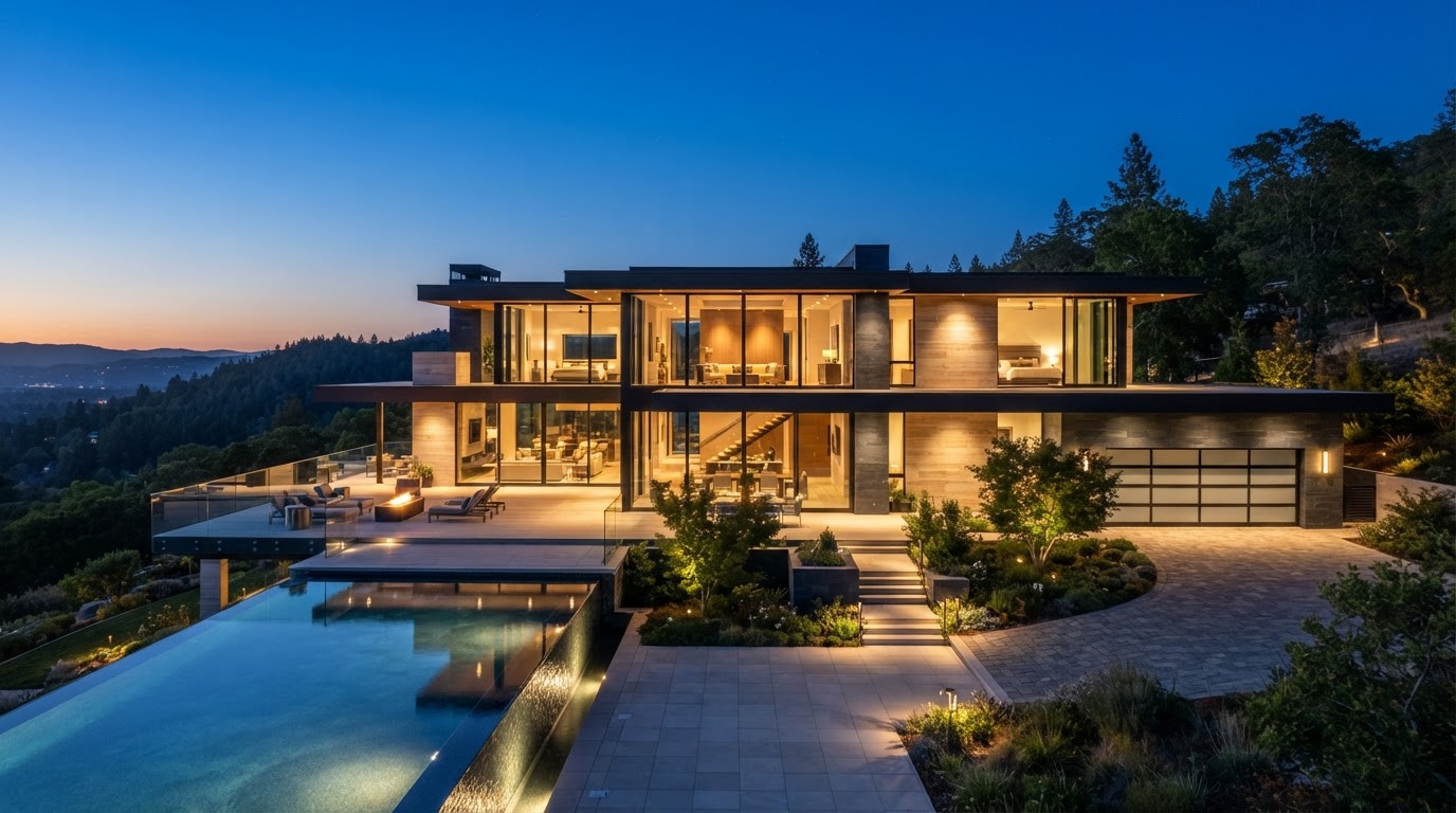 Luxury modern home at dusk