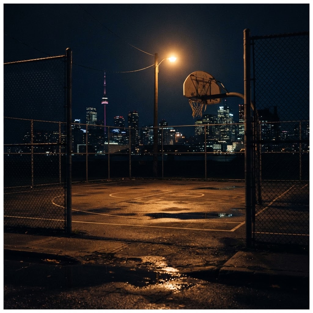 Empty city court at night