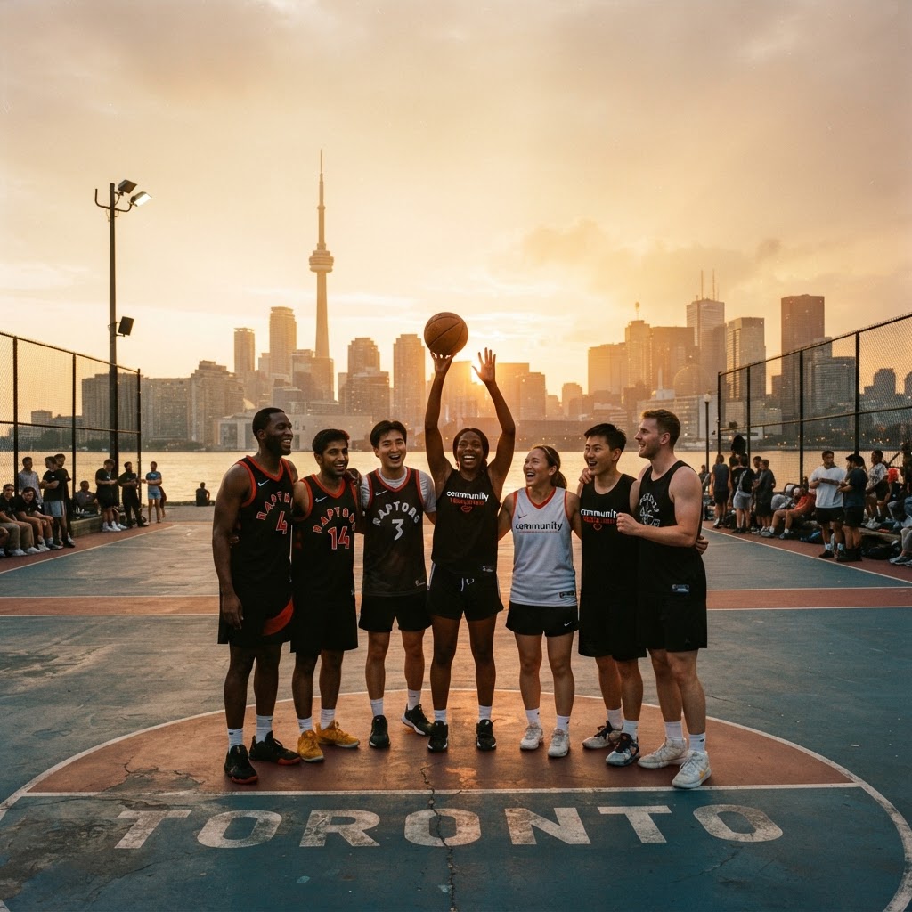 Players together on the court, city behind