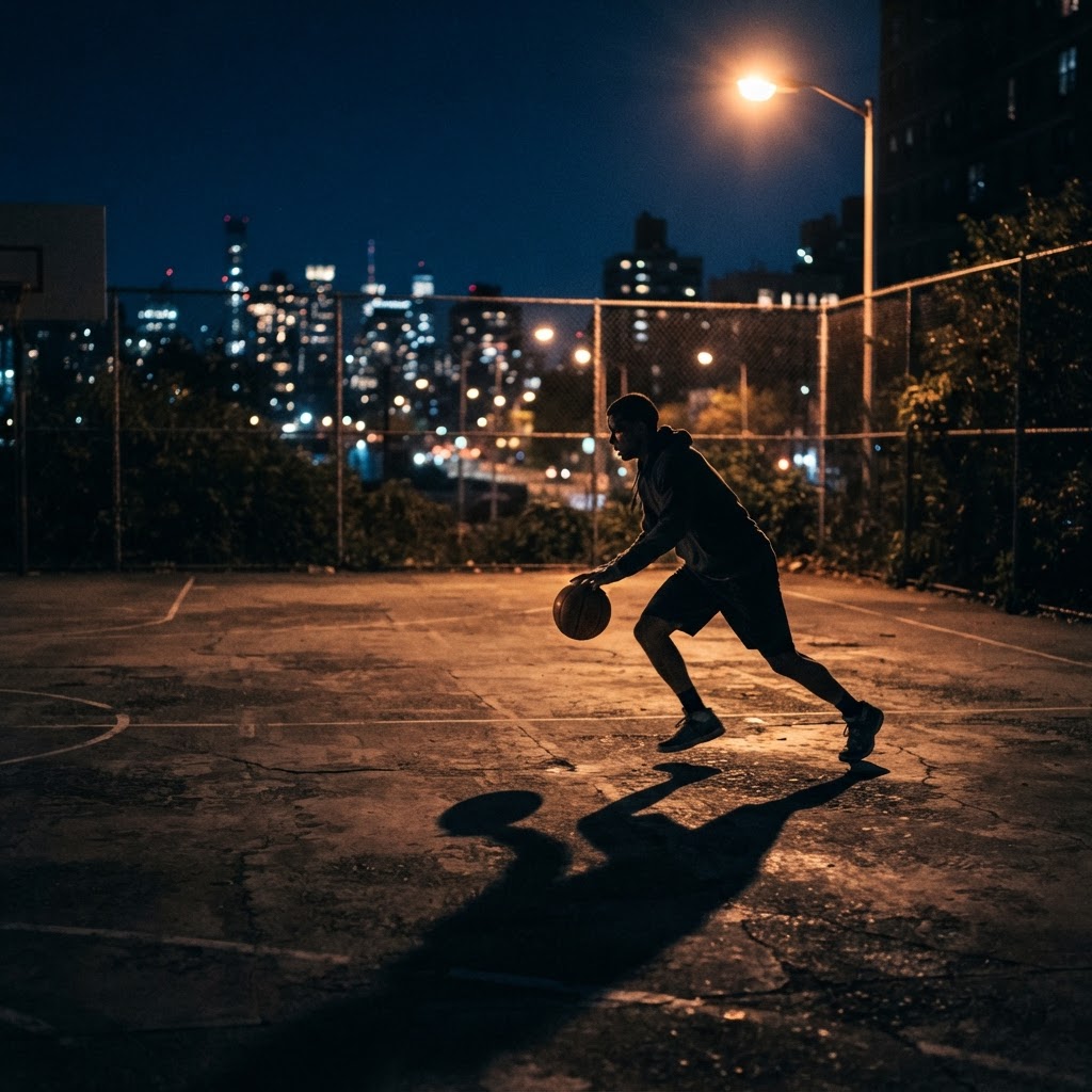 One player dribbling alone at night