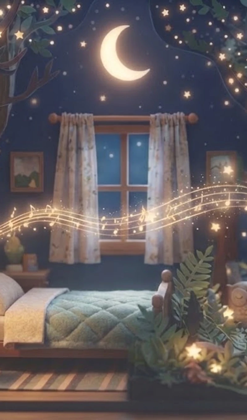 Magical bedroom diorama at night with crescent moon, glowing stars, a small bed and an owl