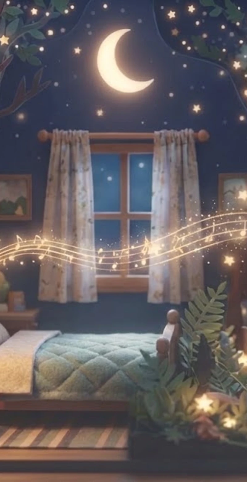 Magical bedroom diorama at night with crescent moon, glowing stars, a small bed and an owl