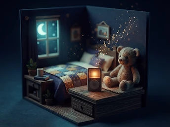 Warm MP3 player and teddy bear at bedtime