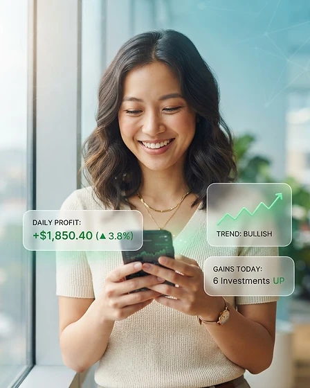 Trader reviewing daily profit notifications on her phone