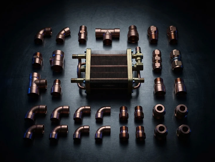 Copper fittings and boiler heat exchanger on a dark workbench