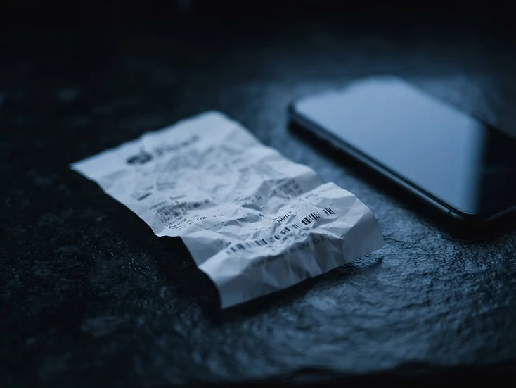 A merchant receipt on a dark surface beside a smartphone