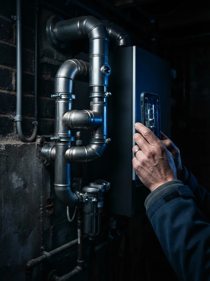 Gas engineer photographing a boiler flue installation
