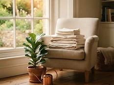 A serene sunlit living room corner with neatly folded linens
