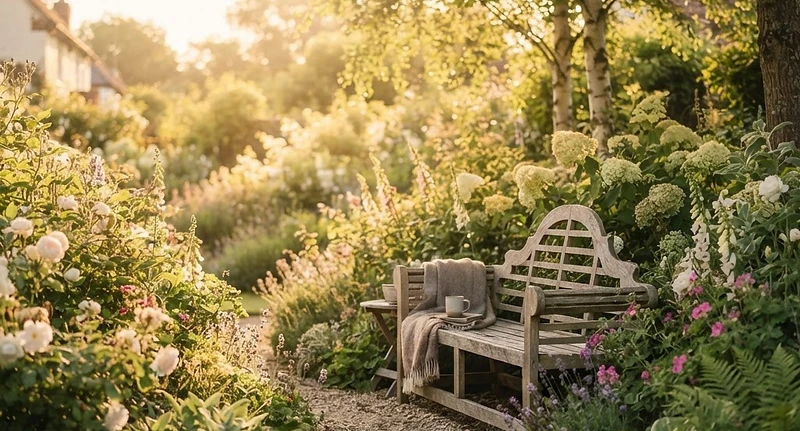 A peaceful golden hour garden with a wooden bench