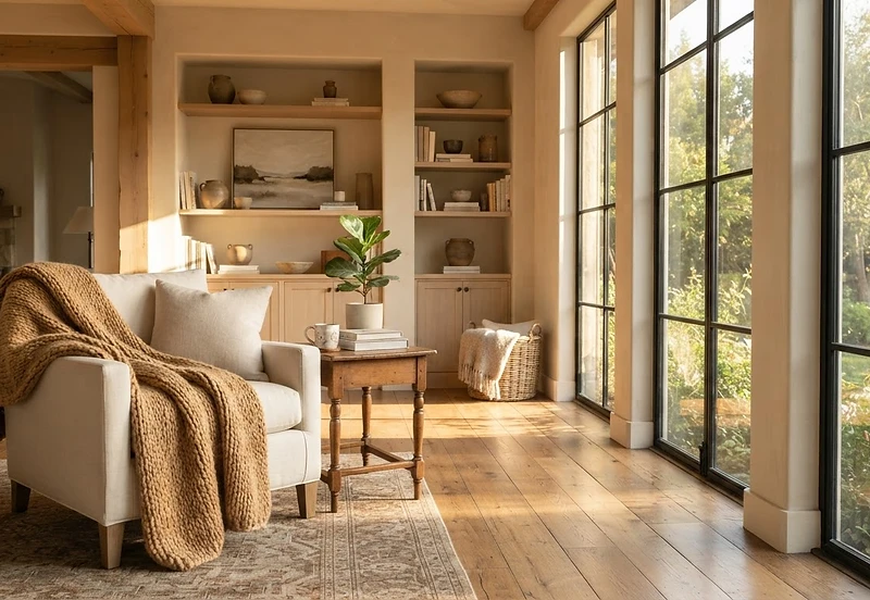 A sun-drenched serene living room with warm morning light