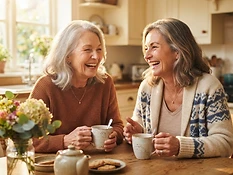 Two people sharing a cheerful conversation over cups of tea