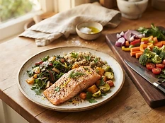 A freshly prepared healthy home-cooked meal on a ceramic plate
