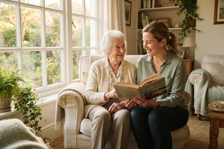 An elder and caregiver reading together by a sunlit window