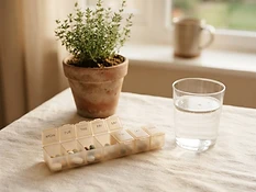 A weekly pill organizer and glass of water on a cream linen cloth