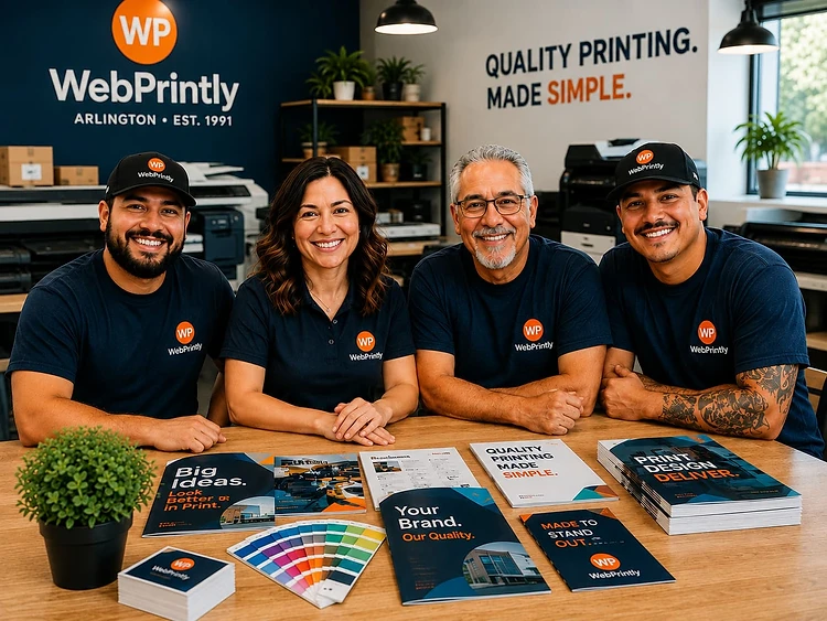 WebPrintly team gathered around a table of printed samples