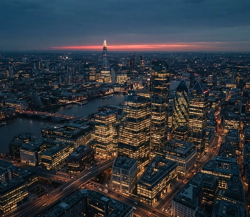 Modern business district at dusk