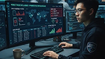 Mobile spyware detection dashboard with threat indicators and alerts