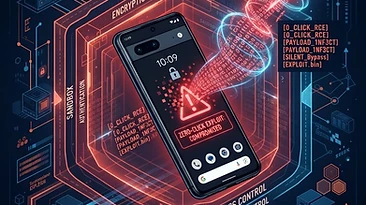 Zero-click exploit concept showing silent invisible attack on smartphone