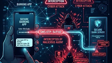 SMS OTP interception attack showing 2FA code being stolen