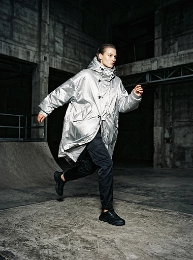 Model wearing the 027 Platinum Oversized Parka