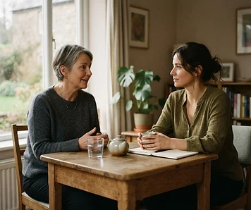 Two people having a calm, focused conversation in a private meeting room
