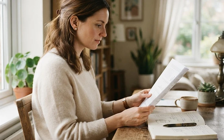 A person reading through printed documents and taking notes at a quiet desk